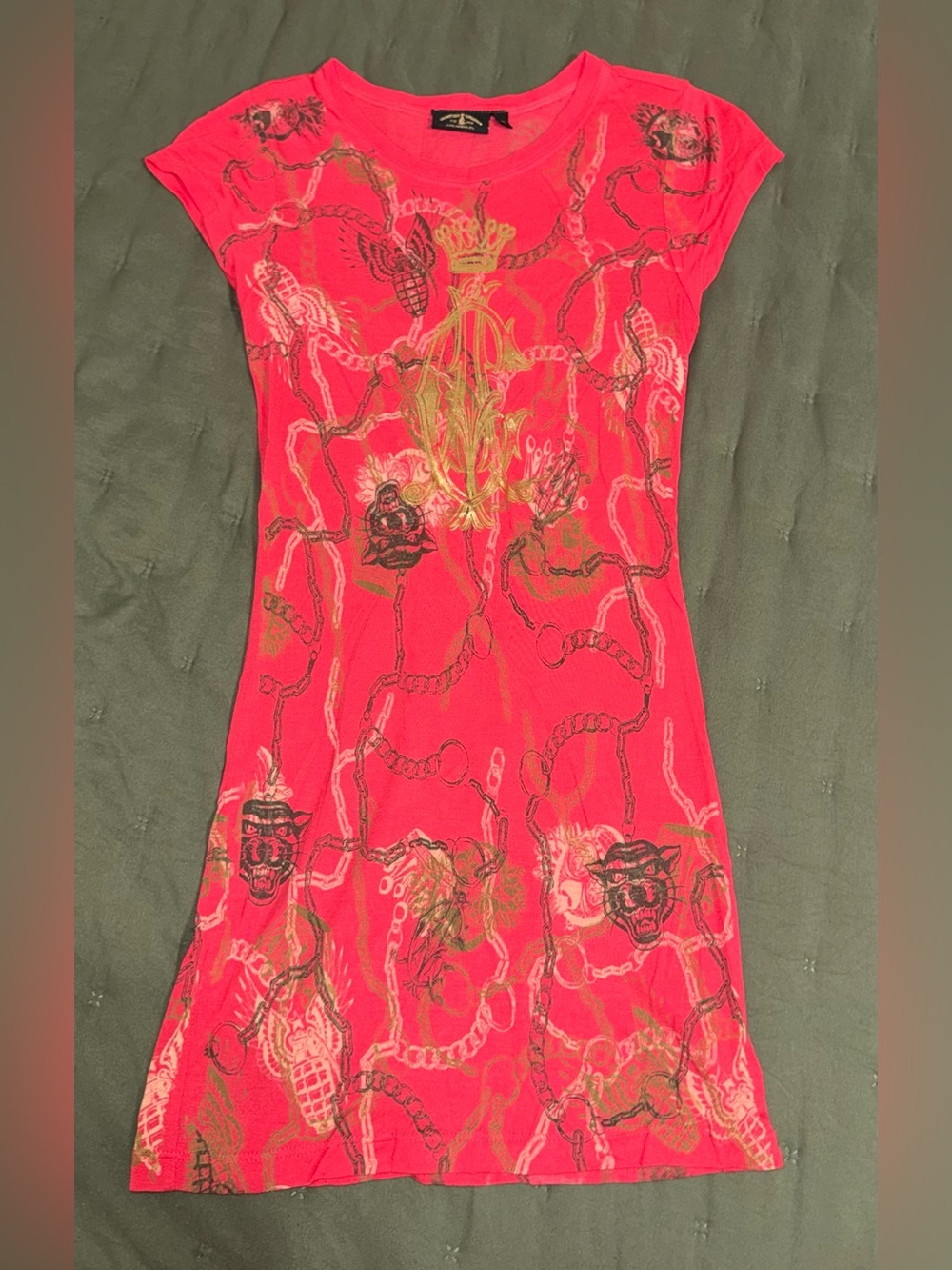 Y2K Christian Audigier Bright Pink and gold Chain-Emblem Mini Dress size Small
